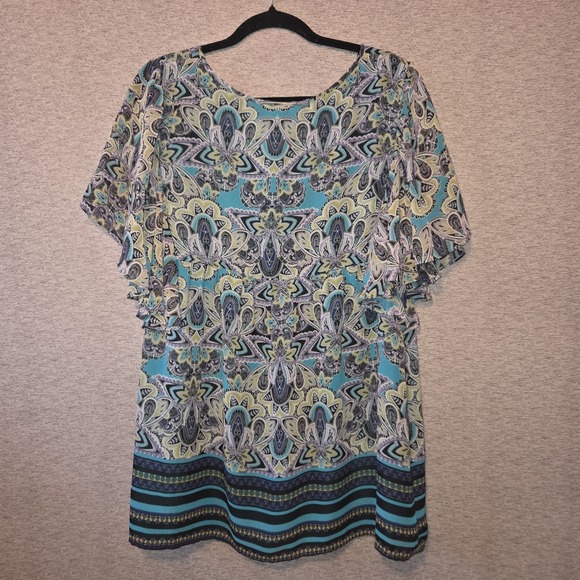 APT 9 Teal Paisley Print Blouse Tie V-Neck Top Women's XL Ruffled Short Sleeves - Picture 9 of 9